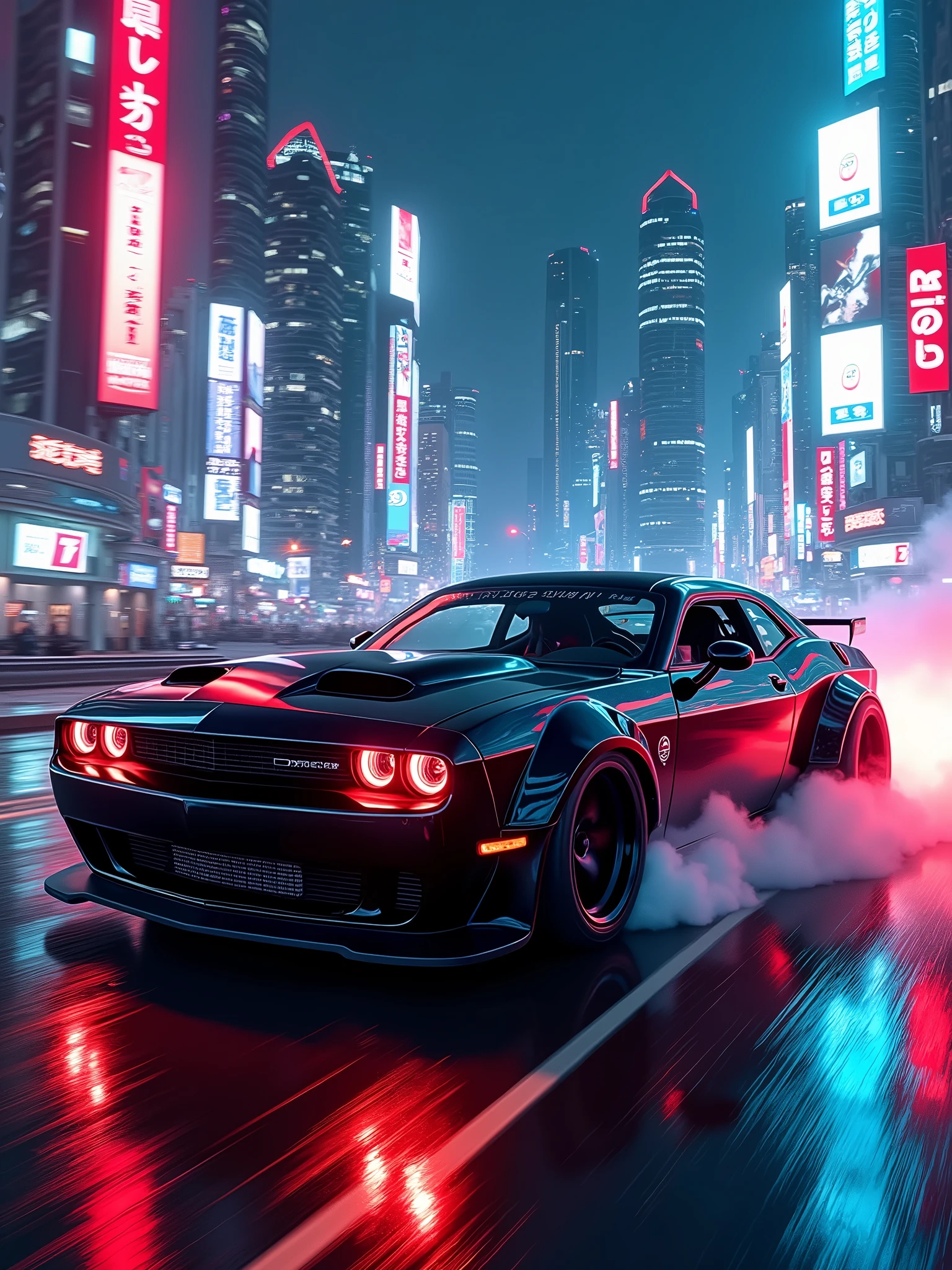 Custom 2023 dodge Challenger hellcat street racer, neon-lit city street at night, with sharp focus, intricate and detailed design, Low angle, Cinematic view, cyberpunk-styled lighting, Digital painting, art by khyzyl saleem and daniel bolling and maciej kuciara, trending on artstation and instagram.