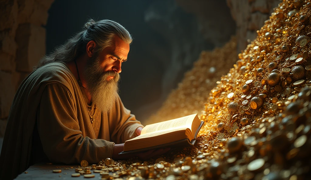 Create a hyper-realistic and mysterious image of Solomon in an underground treasure chamber, surrounded by mountains of gold and silver, but with his attention fully focused on a great book of wisdom open before him. The environment must be dark, with the only light coming from the book, softly illuminating Solomon's face as he reads. The surrounding treasure piles should be partially in the shade., symbolizing that, despite their presence, it is wisdom that truly shines. The scene should emphasize the contrast between material wealth and spiritual enlightenment., highlighting the message that wisdom is the true treasure.