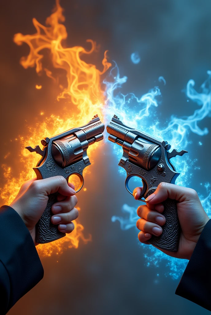 2 revolvers, one fire and one ice, with dragon decorations on both weapons 