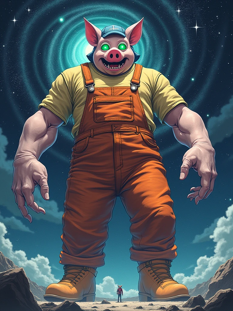 (((Best quality))), (((anime art style))),A giant humanoid character with an unrecognizable face, featuring only glowing green eyes and a wide, toothless mouth with a thin opening. He has no nose but sports pig-like ears on his head. He wears a blue cap and is dressed in worn and old orange overalls with a yellow shirt underneath, along with orange boots. His body is imposing with a wide waist and legs, but his arms are thin, ending in white gloves. The character is depicted floating in the vast expanse of space, his immense form dwarfing stars around him. With a single hand, (((he is tearing a galaxy apart, the cosmic energy swirling around him as the stars and celestial bodies are split in two, radiating power and chaos in all directions.)))