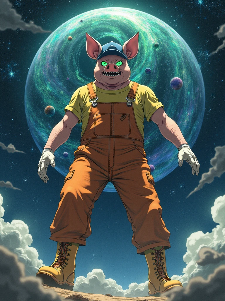 (((Best quality))), (((anime art style))),A giant humanoid character with an unrecognizable face, featuring only glowing green eyes and a wide, toothless mouth with a thin opening. He has no nose but sports pig-like ears on his head. He wears a blue cap and is dressed in worn and old orange overalls with a yellow shirt underneath, along with orange boots. His body is imposing with a wide waist and legs, but his arms are thin, ending in white gloves. The character is depicted floating in the vast expanse of space, his immense form dwarfing stars around him. With a single hand, (((he is tearing a galaxy apart, the cosmic energy swirling around him as the stars and celestial bodies are split in two, radiating power and chaos in all directions.)))