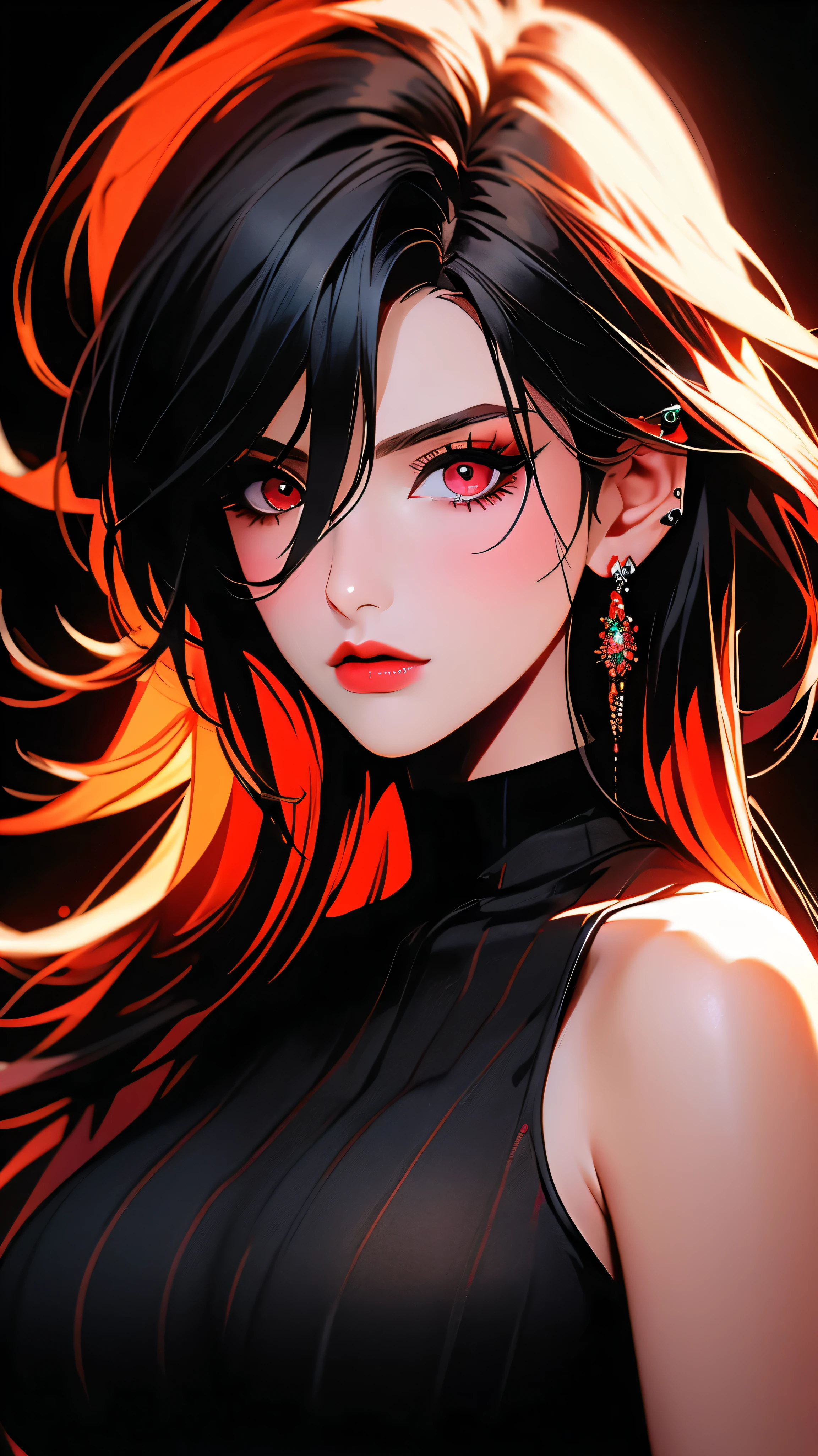 Gigantic breasts, realistic,photorealistic,photo-realistic:1.37,highres,best quality,4k,masterpiece:1.2,ultra-detailed,extremely detailed eyes and face,long hair,red hair,multicolored hair,gradient hair,bangs,black hair,hair between eyes,ear piercing,piercing,jewelry,earrings,looking at viewer,1girl,solo,black shirt,shirt,breasts,medium breasts,collarbone,red eyes,black background,neon,video game art,red neon