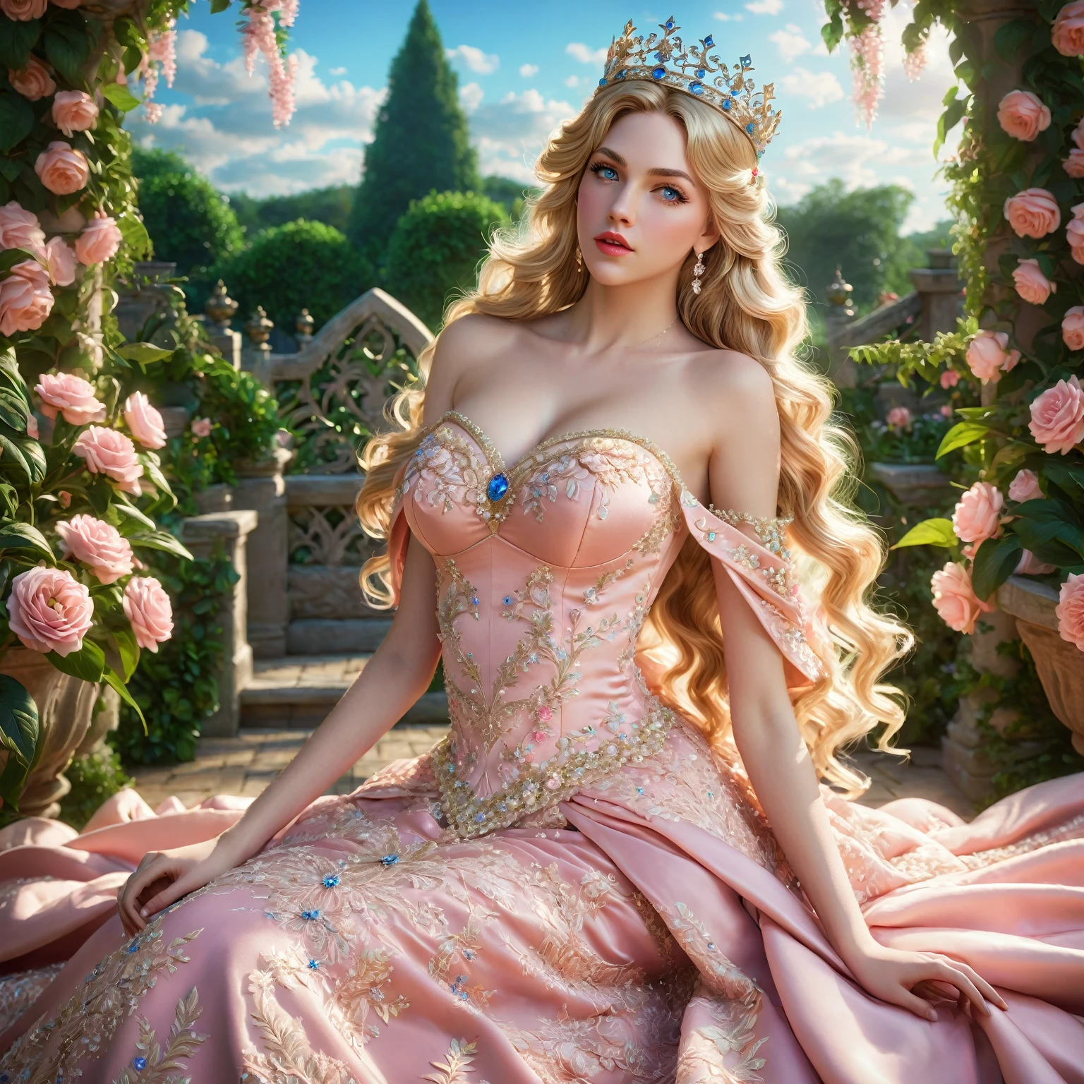 PRINCESS PEACH, 1 girl, beautiful detailed blue eyes, beautiful detailed lips, extremely detailed face, long eyelashes, loose wavy blonde hair, ornate crown, elegant topless royal dress, intricately embroidered pink dress, lush garden, dramatic lighting, photorealistic, 8K , high resolution, detailed, fantasy, She is sitting sensual pose. whole body.