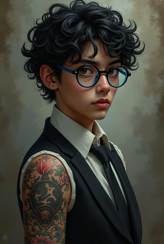 Bruno is a 22 year old adult with curly frizzy hair , brown eyes almost black in tone , has light brown skin , wears blue-rimmed glasses and wears semi-formal clothing. He has symbols tattooed on his left arm that he leaves visible most of the time, making the character crazy, Joker-style, horror movie-style, a little uglier, Paranormal Order RPG-style
