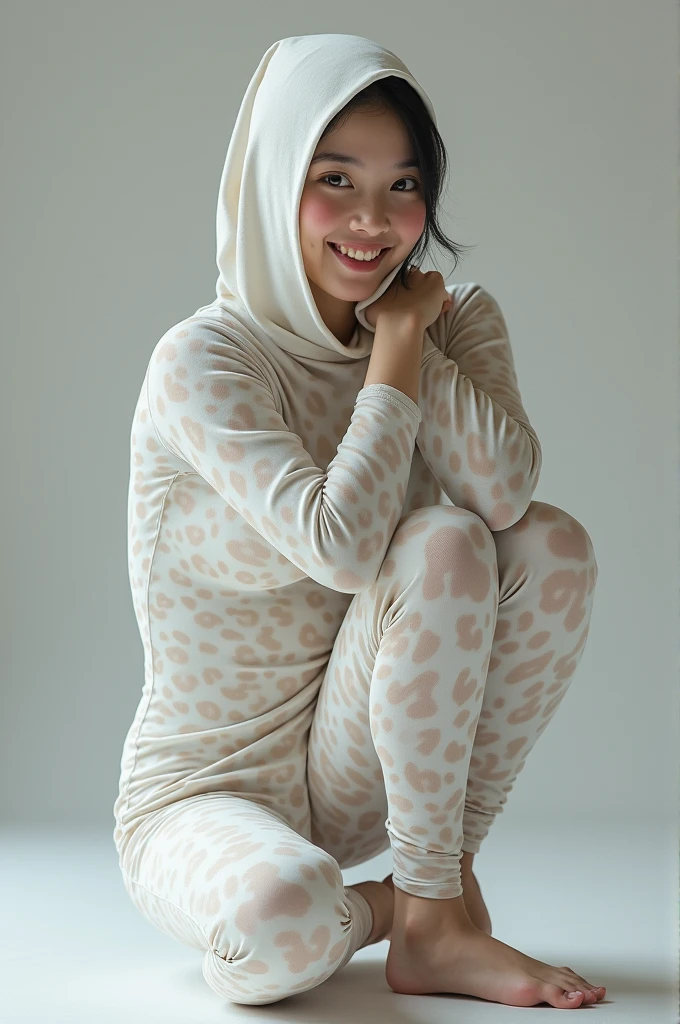 The beautiful Chinese adult girl with beautiful cheeks wears white leopard print full lycra dancewear turtleneck unitard catsuit.She wears white leopard print lycra elastane dancewear hijab-like zentai hood.She is happy to perform contortion performance.