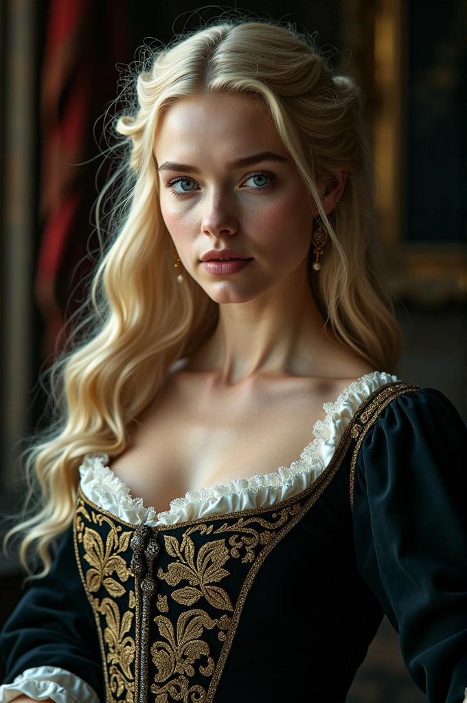 Beautiful blonde girl identical to Emilia Clarke dressed in black and blue seventeenth century men&#39;s clothing 