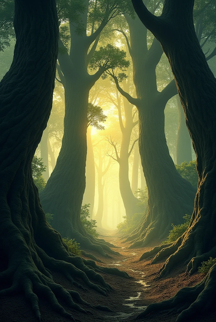 Les Forêts de l'Interdit au crépuscule : Une forêt dense et ancienne, avec des arbres gigantesques aux troncs noueux, baignée d'une lumière dorée du crépuscule. Les ombres des arbres s'allongent, créant une atmosphère mystique et inquiétante.