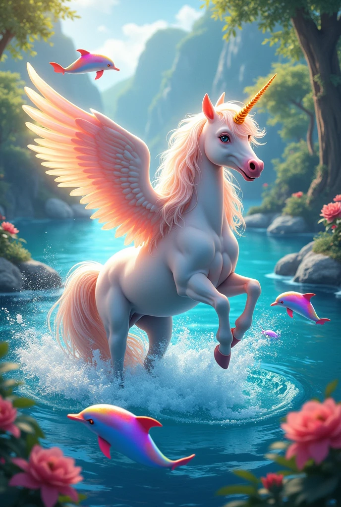  Happy alicorn with colorful dolphins like the colors of the witches and rainbows, all very colorful, as if it were a paradise.