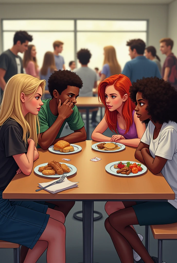 draw a table 1 blonde girl, 1 blond boy, 1 black boy, 1  moreno, 1 redheaded girl and 1 brunette, mean girl movie style