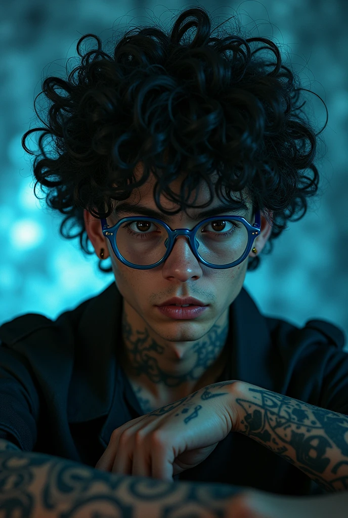 Bruno is a 22 year old adult with curly frizzy hair , brown eyes almost black in tone , has light brown skin , wears blue-rimmed glasses and wears semi-formal clothing. He has symbols tattooed on his left arm that he leaves visible most of the time, making the character crazy with gore, Joker style, horror movie style, a little uglier, RPG style, Paranormal Order