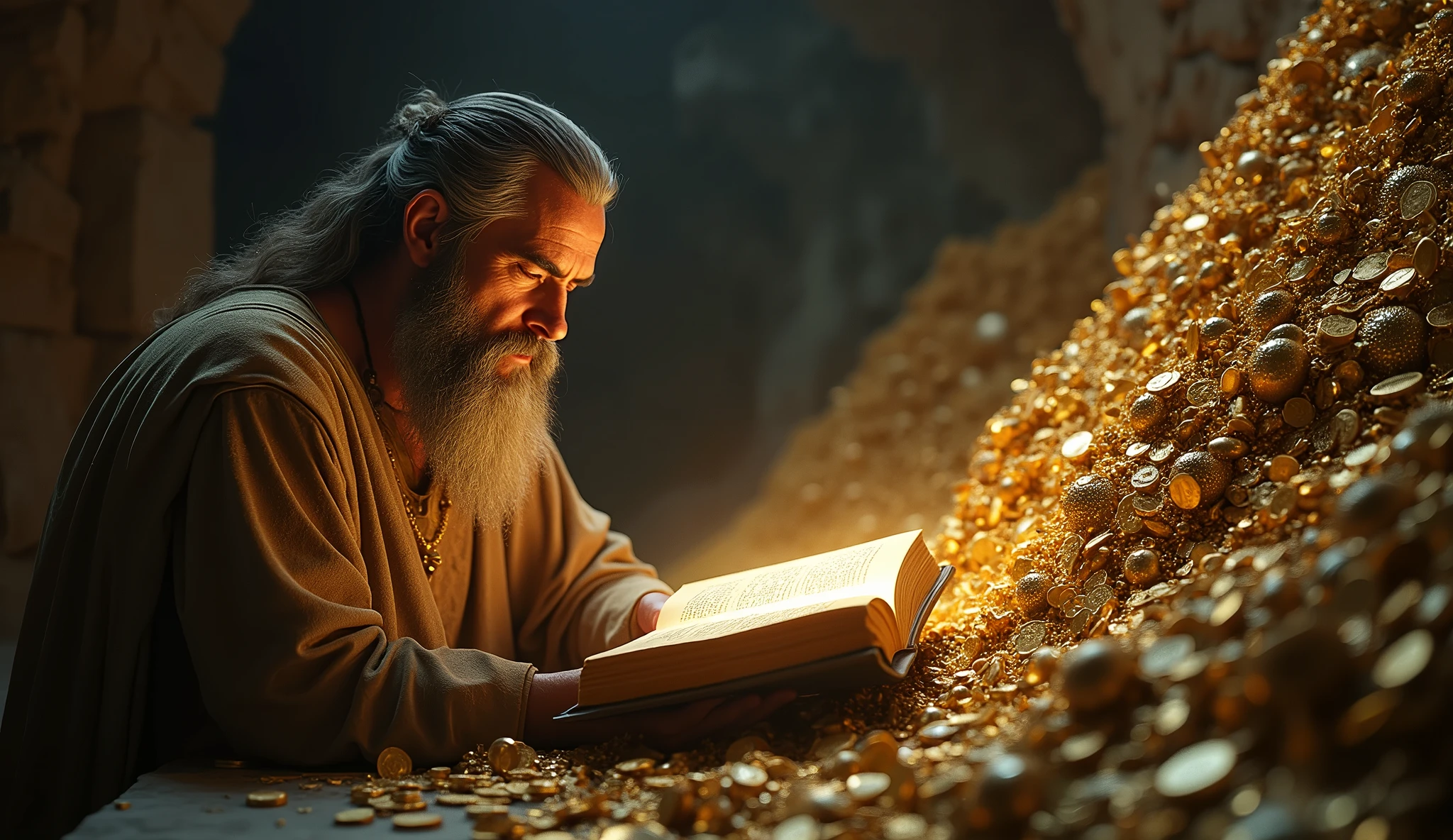 Create a hyper-realistic and mysterious image of Solomon in an underground treasure chamber, surrounded by mountains of gold and silver, but with his attention fully focused on a great book of wisdom open before him. The environment must be dark, with the only light coming from the book, softly illuminating Solomon's face as he reads. The surrounding treasure piles should be partially in the shade., symbolizing that, despite their presence, it is wisdom that truly shines. The scene should emphasize the contrast between material wealth and spiritual enlightenment., highlighting the message that wisdom is the true treasure.