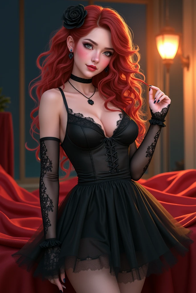 Vampire girl,  very curly red hair,  very tiny  gothic minidress,  pantyhose,  elbow lace gloves,  shoes,  sun shiny day 