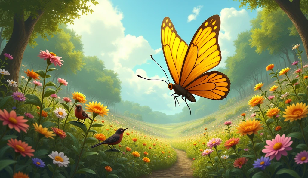 A wide view of the garden filled with flowers, as the newly transformed yellow butterfly Wiggles flutters his vibrant, colorful wings, admired by all the other creatures."