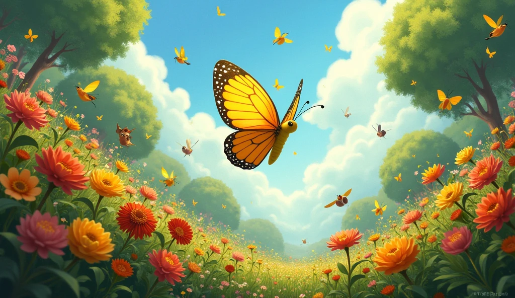 A wide view of the garden filled with flowers, as the newly transformed yellow butterfly Wiggles flutters his vibrant, colorful wings, admired by all the other creatures."
