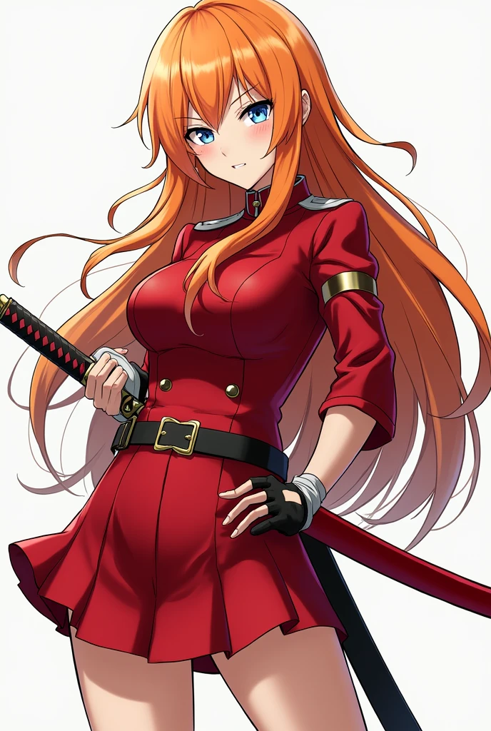 create an orange-haired girl who is facing forward, with long, loose hair, with white locks. Their eyes are their most distinctive feature: The right eye is a deep blue, while the left eye is completely white, without iris or pupil. She has big breasts and a very small waist.. She wears the red Demon Slayer uniform with a short skirt.. On his belt he carries a red Nichirin sword, ready to be drawn at any time. The drawing style must be that of Demon Slayer