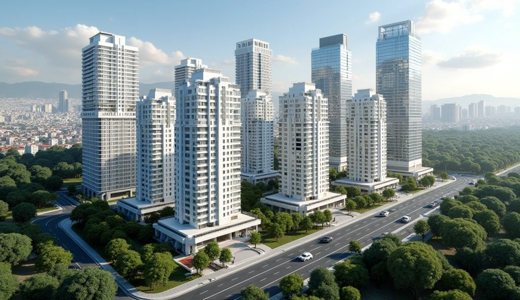 Create a realistic image in the form of a photograph that captures the city of Arequipa with an aerial view. on an important avenue that has on its sides eight residential buildings of modern and elegant design in white, each of which has a different design, each with 28 floors and a height of 100 meters. It includes four commercial buildings with reflective mirror facades, each 28 stories and 100 meters high and of different design. Be sure to incorporate trees and vegetation into the environment to give it a natural touch. The perspective must show a panoramic view that highlights the scale and design of these buildings in the urban context of Arequipa.