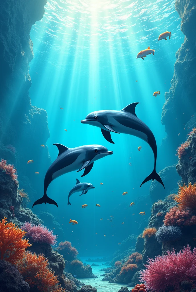 dolphins underwater in a colorful aquatic world with lots of cute fishes around.