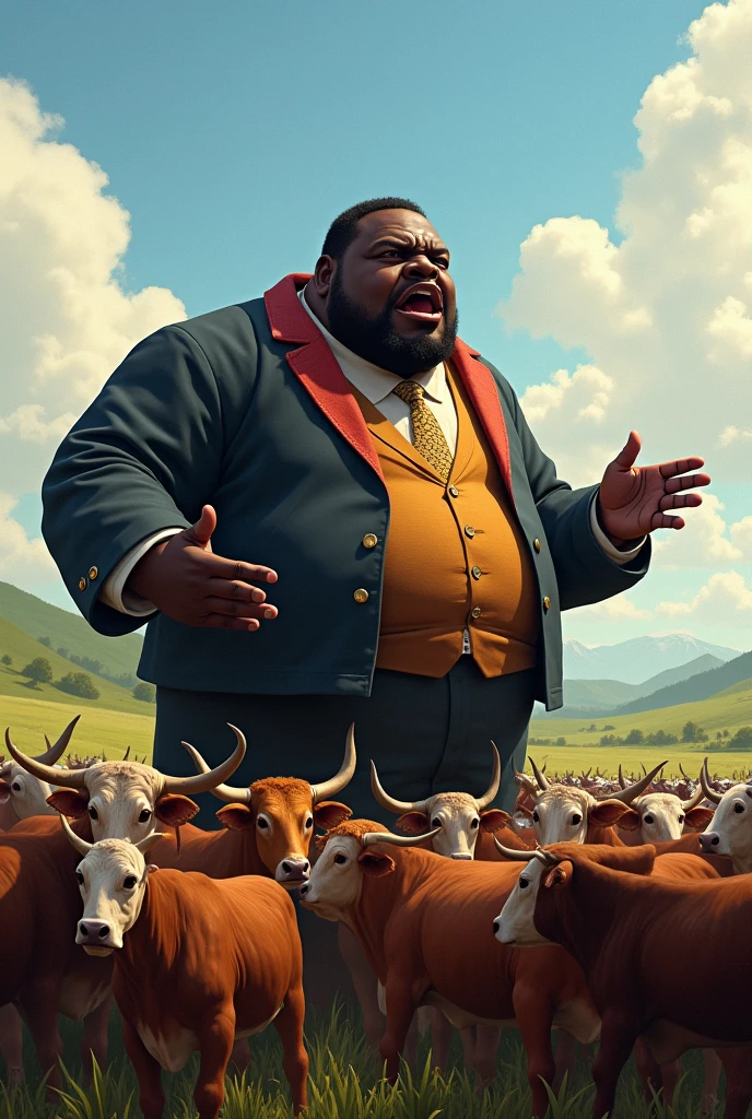 Very fat and black candidate giving a speech to many oxen