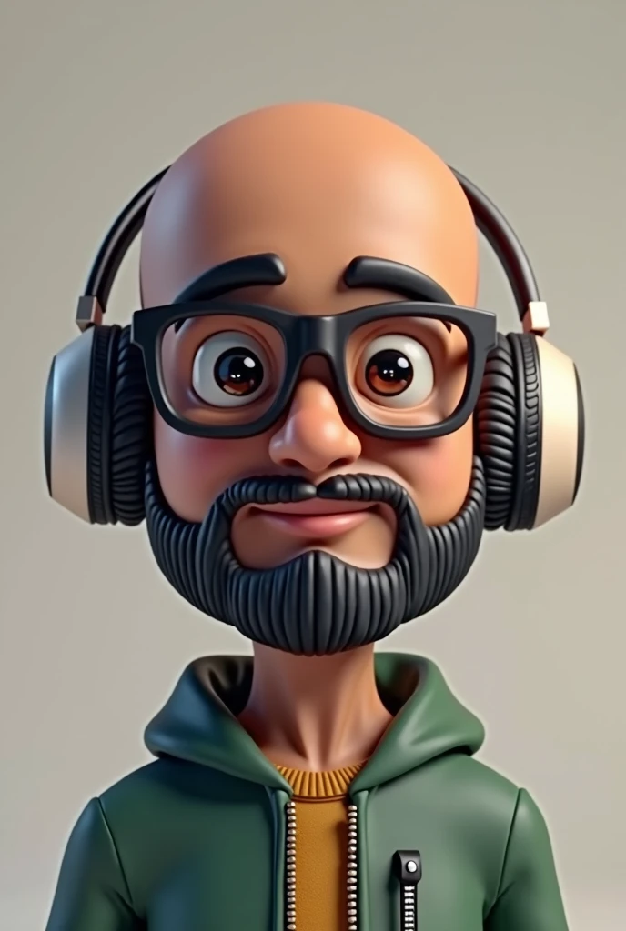 A Pakistani Skin Toned Young man completely bald, moderate beard and normal mustache, in portrait bitmoji image. wearing glasses. wearing moderate size headphone. be a healthy ROUND face. and his face should be front facing just like in passport picture. eyes should not be that much opened. make the skin a little dark. can you make it a bit more 3d animatic like a 3d bitmoji.