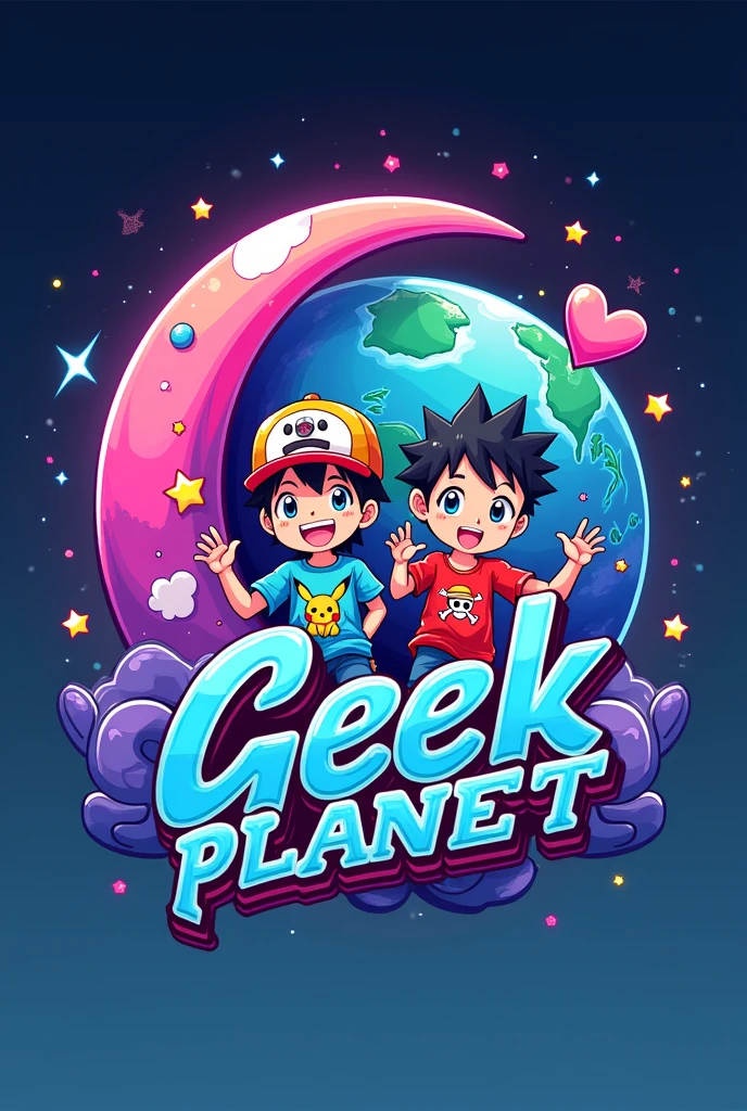 A logo with a world in the background, one or two anime figures, a boy and a girl with Pokémon and One Piece shirts, the pink and purple crescent moon and heart star symbol in the upper left corner and the name geek planet in the middle 