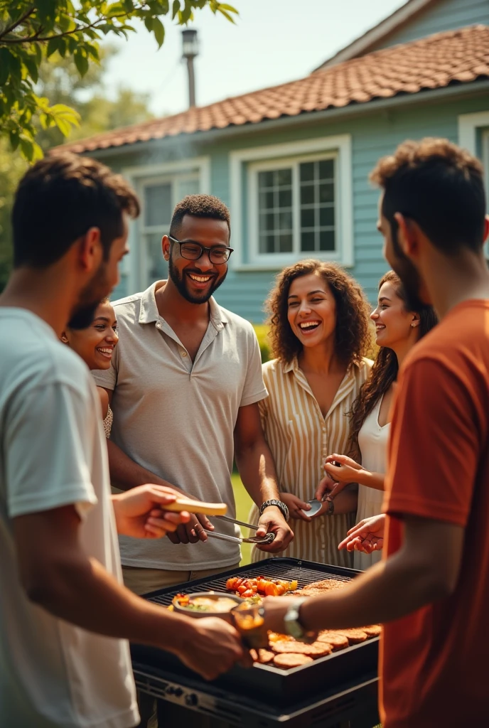 Three Brazilian men and a black man having a barbecue in the afternoon with four foreign women in front of their house.