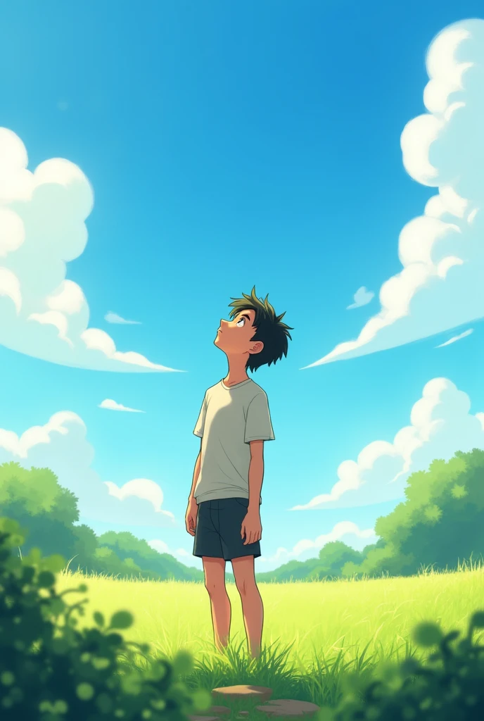 Create a drawing that Bergui is one with short and messy hair, wearing a t-shirt and shorts. He's standing in an open field, with the head tilted upwards, looking at the sky with a curious and dreamy look. The sky above him is wide and blue, maybe with some fluffy white clouds. No fundo, there is a green landscape with some trees or gentle mountains. Sunlight illuminates the scene, creating a cozy and peaceful effect.
