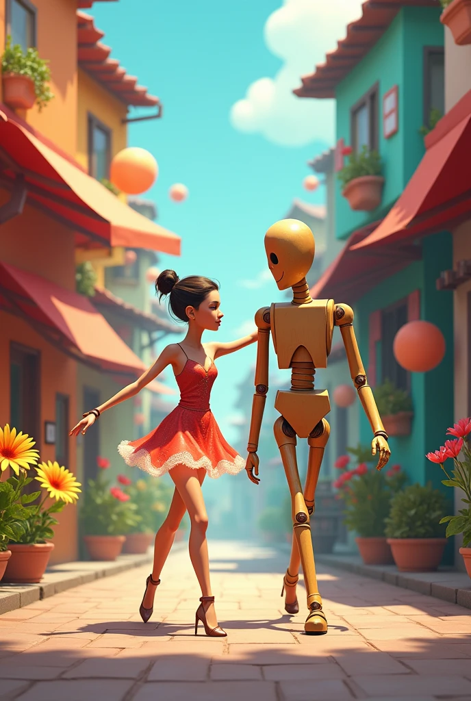 A dancer and a stick soldier walking on the animated street