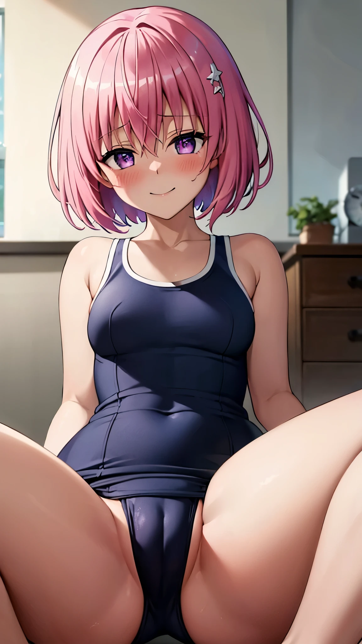 8k,Highest,quality,(highest quality:1.1), (masterpiece:1.4), (Confused:1.0),
1 person, Deviluke Type, hair ornaments, Bobcut, Short Hair Pink Hair, Purple eyes,Medium chest ,(School Swimsuit), Her Room, (blush:1.2), smile,(Perfect Fingers),Squat,Spread your legs ,ass pov,Heavy breathing,masturbation,Pussy Line,