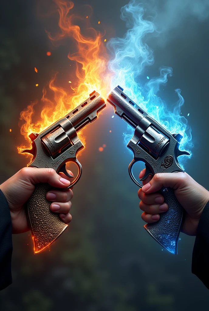 2 revolvers, one fire and one ice, with dragon decorations on both weapons