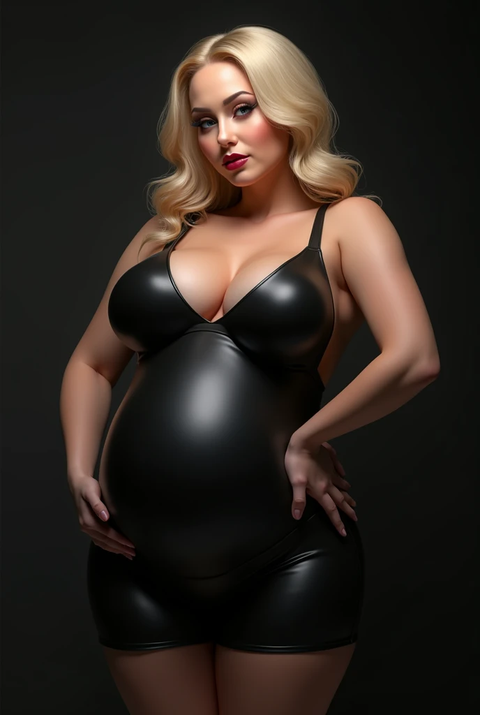 A blonde bimbo girl with gigantic breasts, hourglass figure and waist, massive lips and dressed in a black latex catsuit and heavily pregnant
