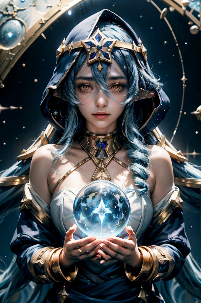 (One person少女ソロ, Long, flowing blue hair, Yellow Eyes, Blue and white outfit, White leggings, Blue Hood, Golden details and accessories, Exposing shoulders) ((Close-up portrait shot, Floating in space)) (masterpiece), (Highest quality:1.4), Absurd, [:Intricate details:0.2], One person, Loose-fitting robes, Complex magic circle, A shining map of stars, constellations and galaxies, Sparkling Aura, Concentration, Mystical spells, Crackling Energy, Floating Relic, Flickering Candle, Swirling Mist, Shining Star, Mysterious Crystal, Glowing Seal, Otherworldly Chanting, Mystical symbols, Powerful summoning, Transcendental Awareness, Cinematic Light, Cinematic shots, Dramatic shot, Aesthetics of Movie Posters,smile