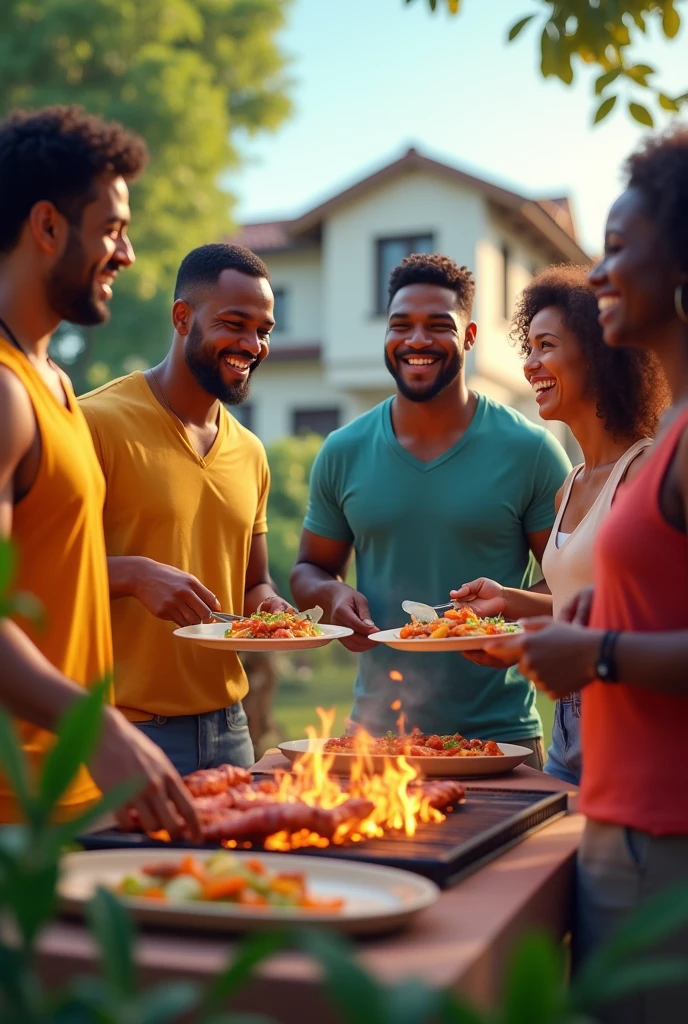 Three Brazilian men and a black man having a barbecue in the afternoon with four foreign women in front of their house.