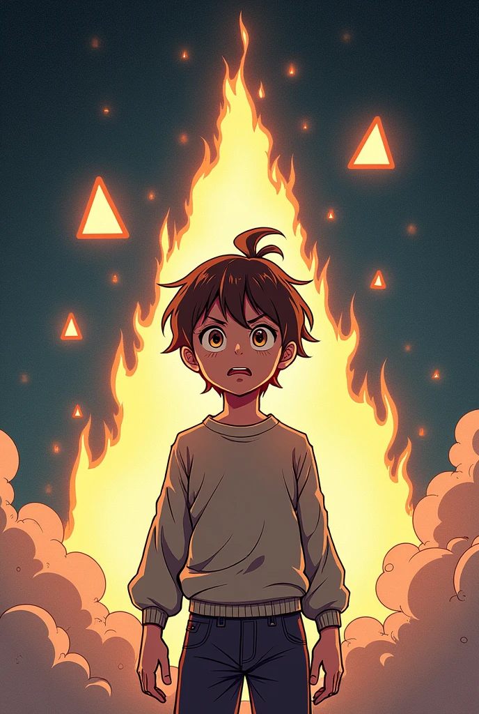 rune, with 984 fatbillion years in manga style Imagine it starts with 1, 35 m With brown hair with bangs and well-defined sleeves and a hair tied up, kind of startled, this head flies two triangles that divide the triangularity distorted power of its universe.