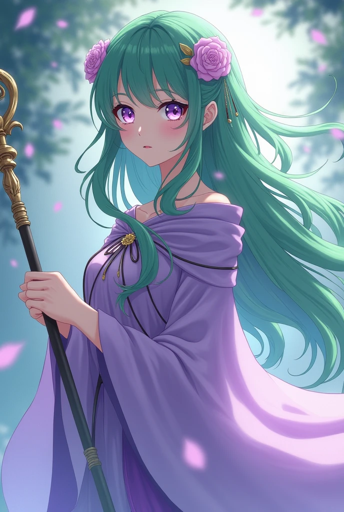 Woman with long hair down to her butt, anime styling, pretty,fly away, hair green,Lilac Eyes,white skin,lilac cloak,staff