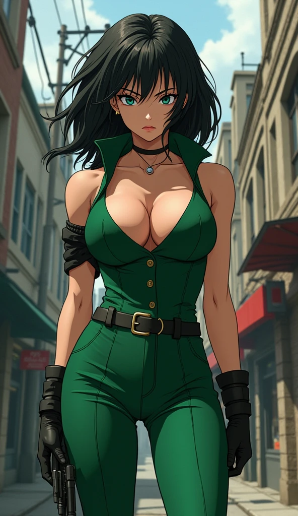 Create a live-action image of a female version of Yusuke Urameshi from Yu Yu Hakusho. She should have a strong, athletic build with an exceptionally large chest, wearing a tight-fitting, low-cut version of Yusuke’s green uniform that accentuates her curves. Her hairstyle should be a slightly longer, feminine version of Yusuke’s signature look. The background should evoke a gritty urban environment, reflecting her street-smart, rebellious nature