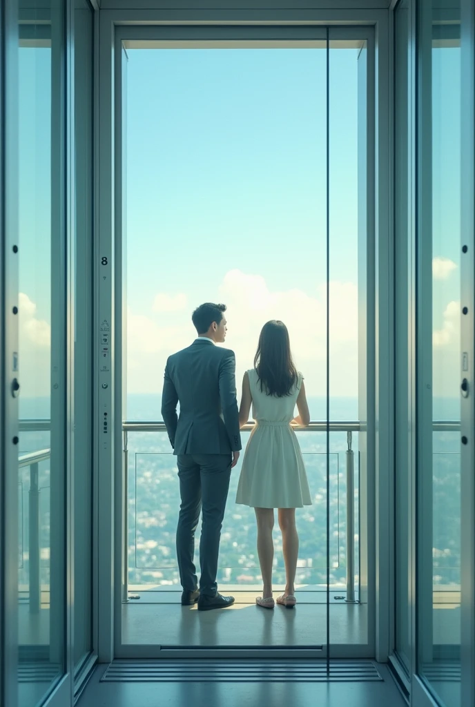 it is day. In the translucent glass cabin of an Orbit brand elevator, There is a couple dressed in business attire, chatting happily. The woman is wearing a skirt that reaches to her knees.. She is holding on to the railing inside the elevator.. The image shows the buttons 1 inside the cabin.,2,3,4,5,6,7,8,9,10 of the elevator. The woman looks out at the landscape outside the elevator.
