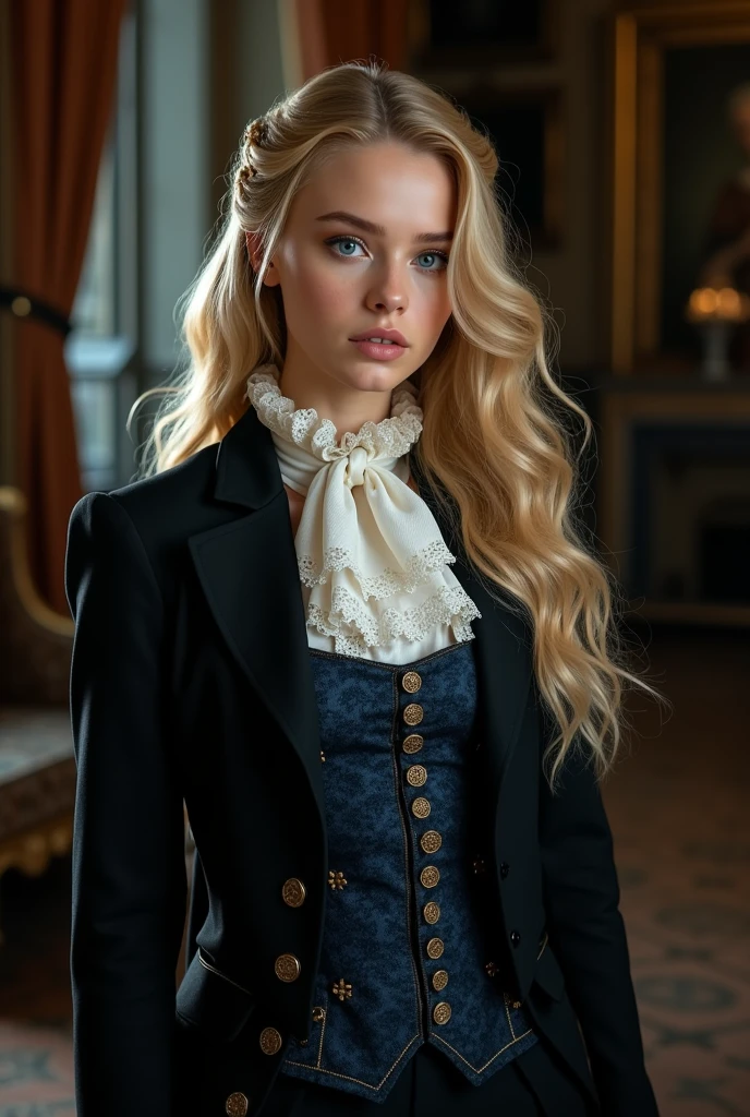 Beautiful blonde girl identical to Emilia Clarke dressed in black and blue seventeenth century men's suit