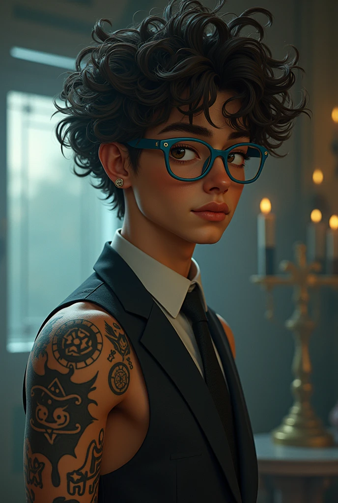 Bruno is a 22 year old adult with curly frizzy hair , brown eyes almost black in tone , has light brown skin , wears blue-rimmed glasses and wears semi-formal clothing. He has symbols tattooed on his left arm that he leaves visible most of the time. , He is a crazy person in the style of an RPG paranormal order 
