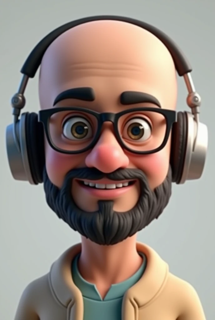 A Pakistani Skin Toned Young man completely bald, moderate beard and normal mustache, in portrait bitmoji image. wearing glasses. wearing moderate size headphone. be a healthy ROUND face. and his face should be front facing just like in passport picture. amaller eyes. make the skin a little dark. can you make it a bit more 3d animatic like a 3d bitmoji.
