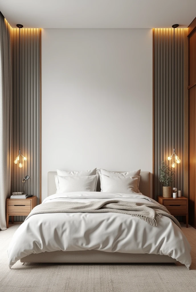 As for the ice white wall, on the wall where the bed is, a slatted wall in gray and gold, a laptop table and a wardrobe in brown