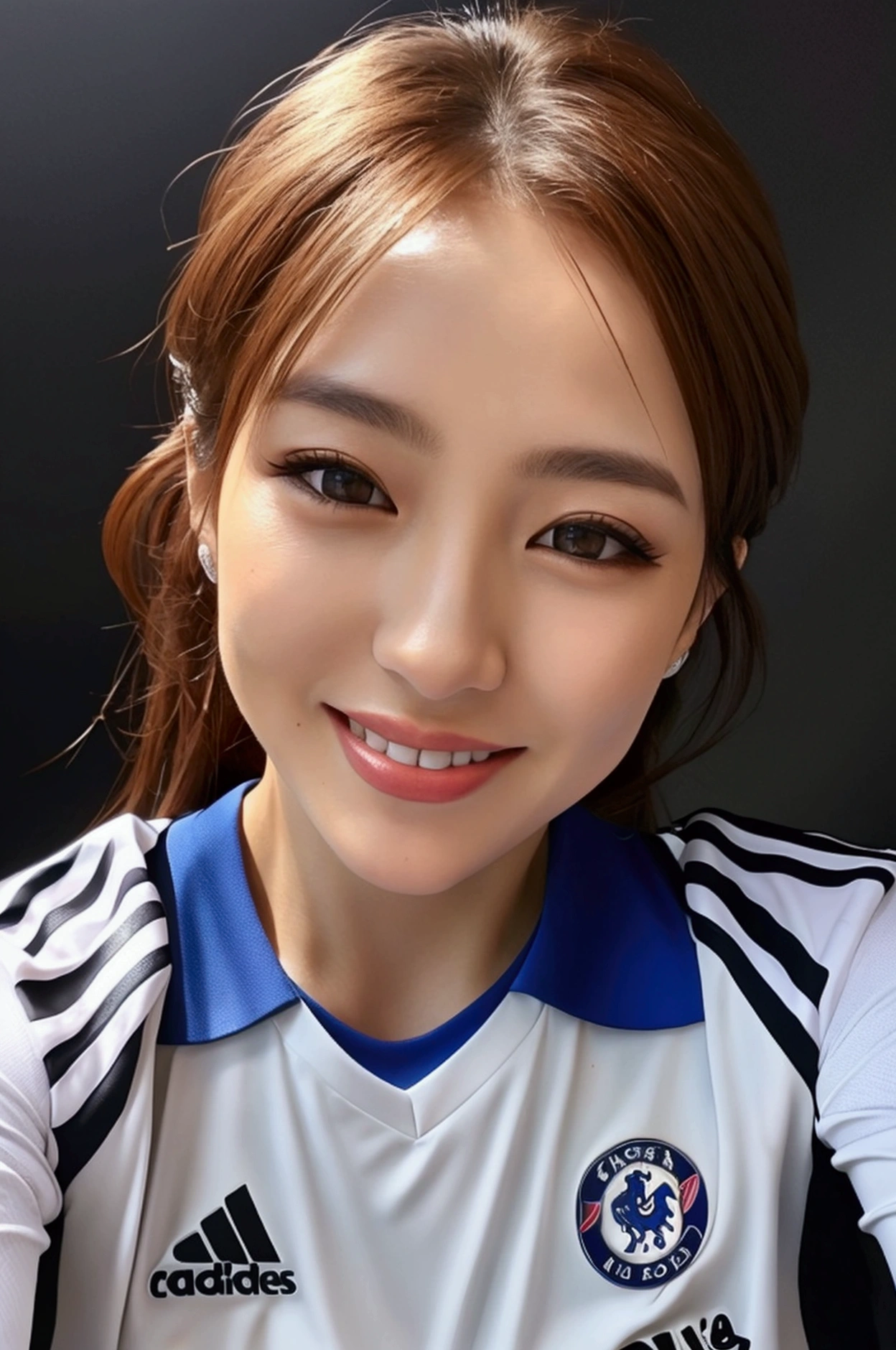 Selfie(best quality)), ((masterpiece)), (detailed), perfect face,perfect body,perfect eyes, smile,tight chelsea jersey