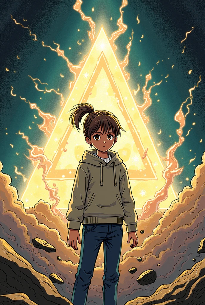 rune, with 984 fatbillion years in manga style one Imagine it starts with 1, 35 m With brown hair with bangs and well-defined sleeves and a hair tied up, kind of startled, this head flies two triangles that divide the triangularity distorted power of its universe.