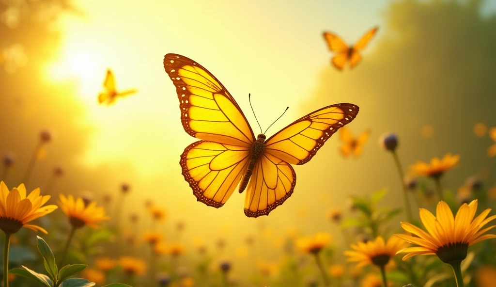 The yellow butterfly Wiggles soaring gracefully through the air, his wings shimmering with dazzling colors in the bright sunlight."