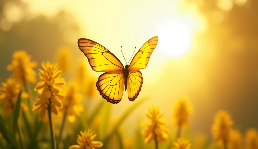 The yellow butterfly Wiggles soaring gracefully through the air, his wings shimmering with dazzling colors in the bright sunlight."