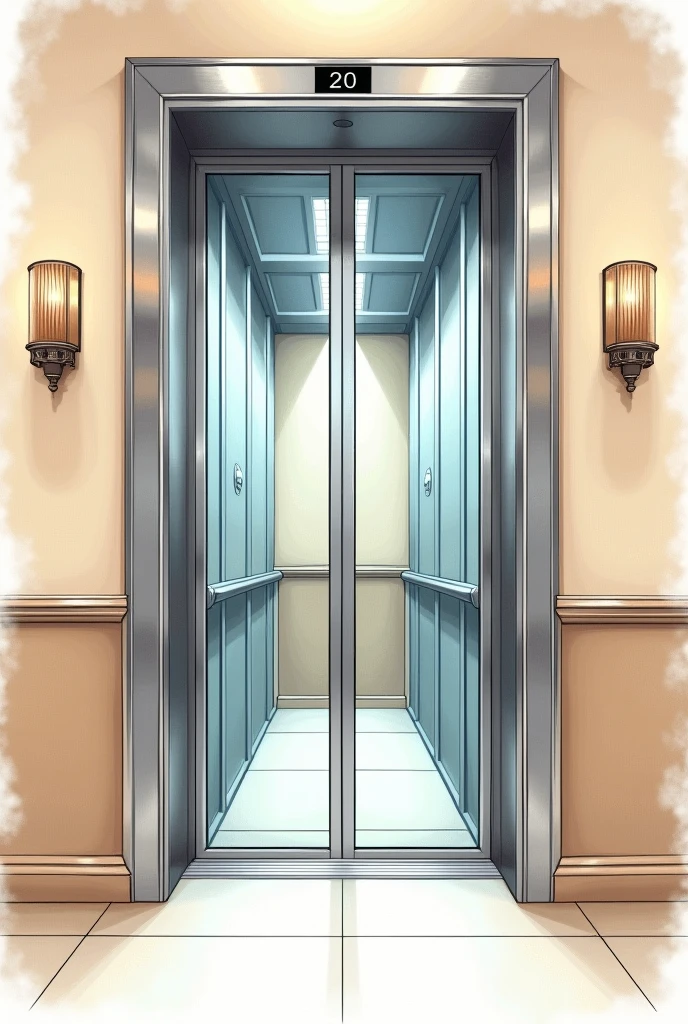 drawn in the form of a colored drawing, an elevator in a hallway of a building