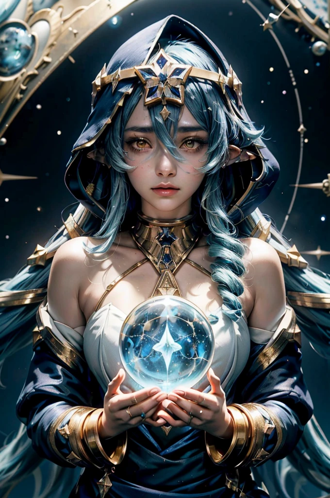 (One person少女ソロ, Long, flowing blue hair, Yellow Eyes, Blue and white outfit, White leggings, Blue Hood, Golden details and accessories, Exposing shoulders) ((Close-up portrait shot, Floating in space)) (masterpiece), (Highest quality:1.4), Absurd, [:Intricate details:0.2], One person, Loose-fitting robes, Complex magic circle, A shining map of stars, constellations and galaxies, Sparkling Aura, Concentration, Mystical spells, Crackling Energy, Floating Relic, Flickering Candle, Swirling Mist, Shining Star, Mysterious Crystal, Glowing Seal, Otherworldly Chanting, Mystical symbols, Powerful summoning, Transcendental Awareness, Cinematic Light, Cinematic shots, Dramatic shot, Aesthetics of Movie Posters,Green Hair