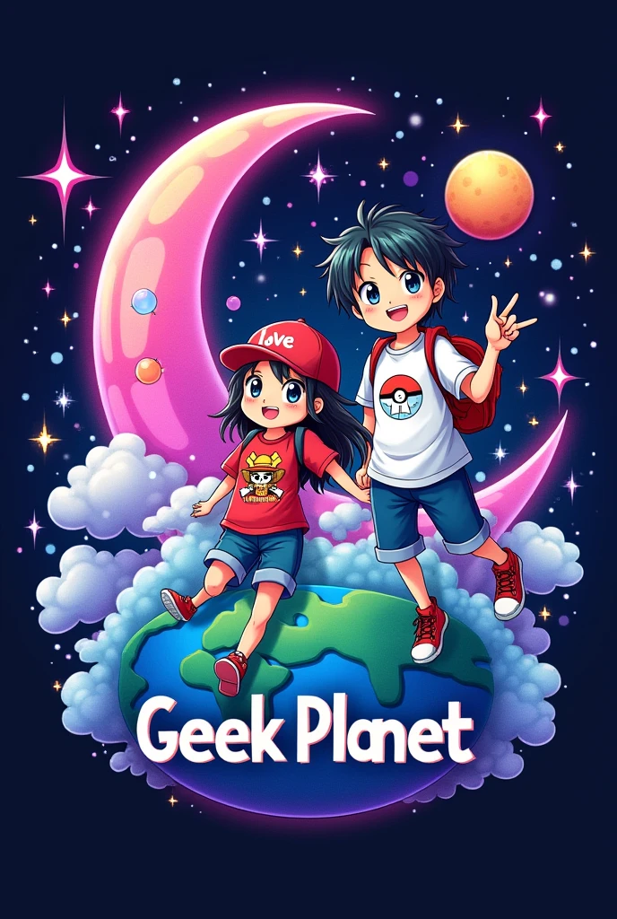 A logo with a world in the background, one or two anime figures, a boy and a girl with Pokémon and One Piece shirts, the pink and purple crescent moon and heart star symbol in the upper left corner and the name geek planet in the middle