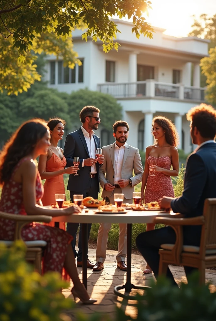 3 rich men and a curly hair having a barbecue in the afternoon with 3 foreign women in front of the house.
