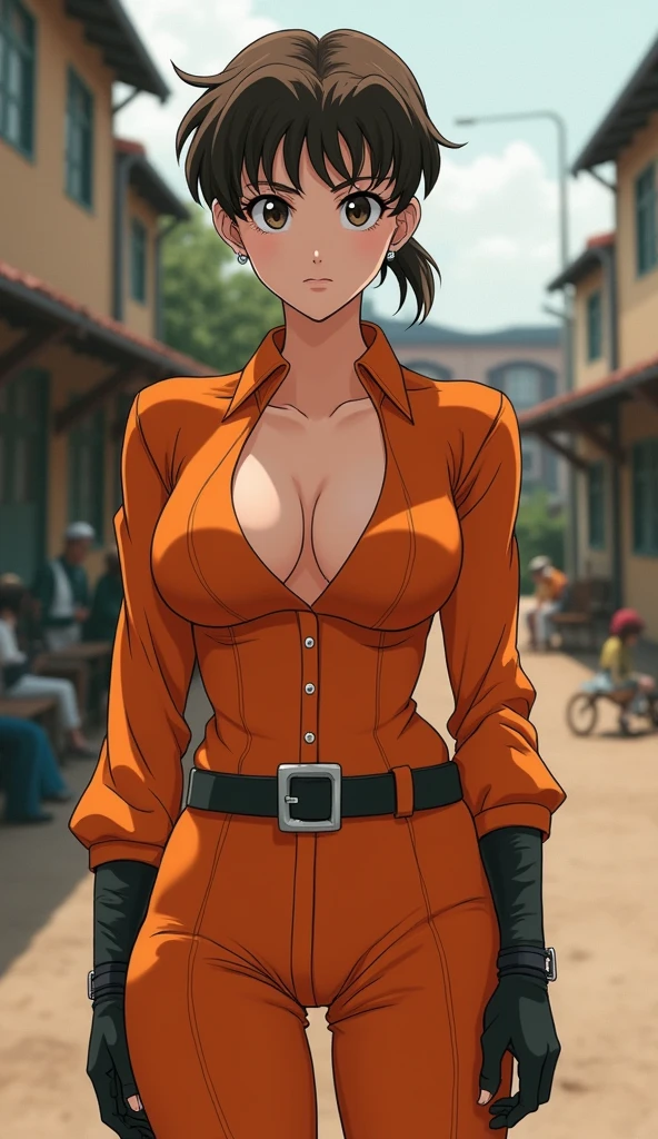 Create a live-action image of a female version of like Kazuma Kuwabara from Yu Yu Hakusho. She should have a tall, muscular build with an exceptionally large chest, wearing an altered version of Kuwabara’s orange uniform that is more form-fitting, with a deep neckline to highlight her figure. Her hair should be styled similarly but with a more feminine touch, and the background should reflect a schoolyard or a setting that evokes her determination and loyalty