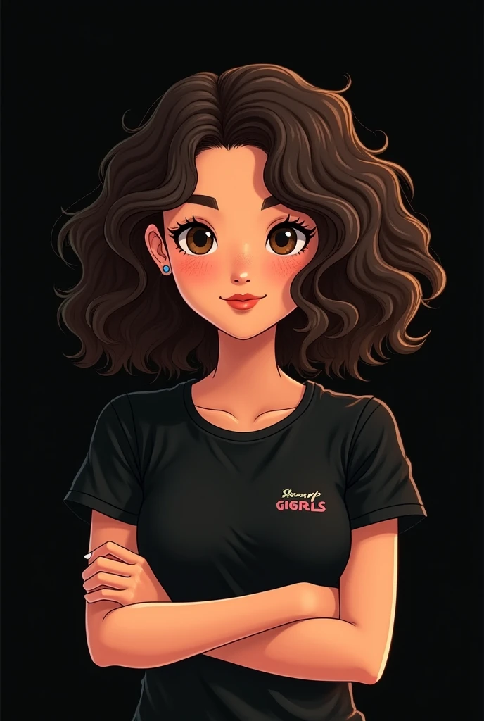 Cute female avatar, with black hair, freckles on the face, plain black sleeve t-shirt, and the name SHARP GIRLS in small on the side of the shirt on the chest, brown mouth, Crossed arms, avatar, black backdrop, cabelo cacheado 3c, bem cacheado, cor da pele morena
